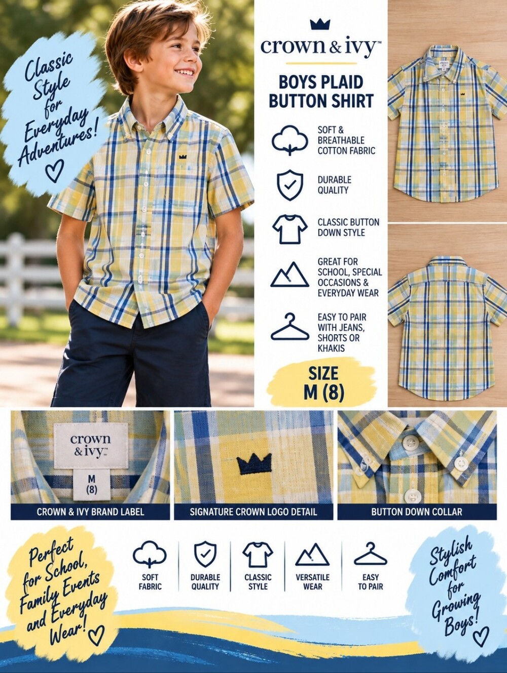 Crown & ivy boys medium yellow plaid button shirt #35